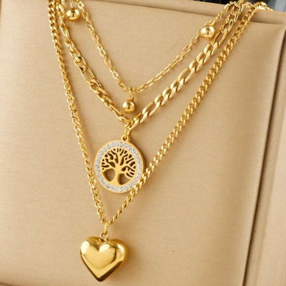 18K Gold Plated Gold Tree Of Life Stainless Steel Necklace Sets 3 Piece Set - Picture 1 of 5